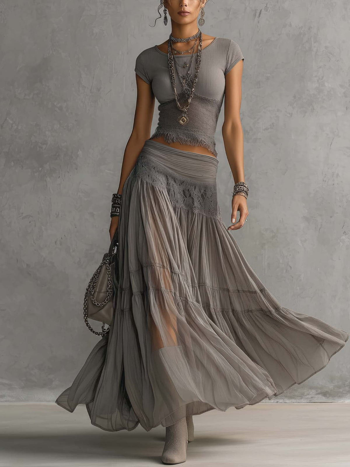 Philippa Lace-Paneled Two-Piece Set - Gray