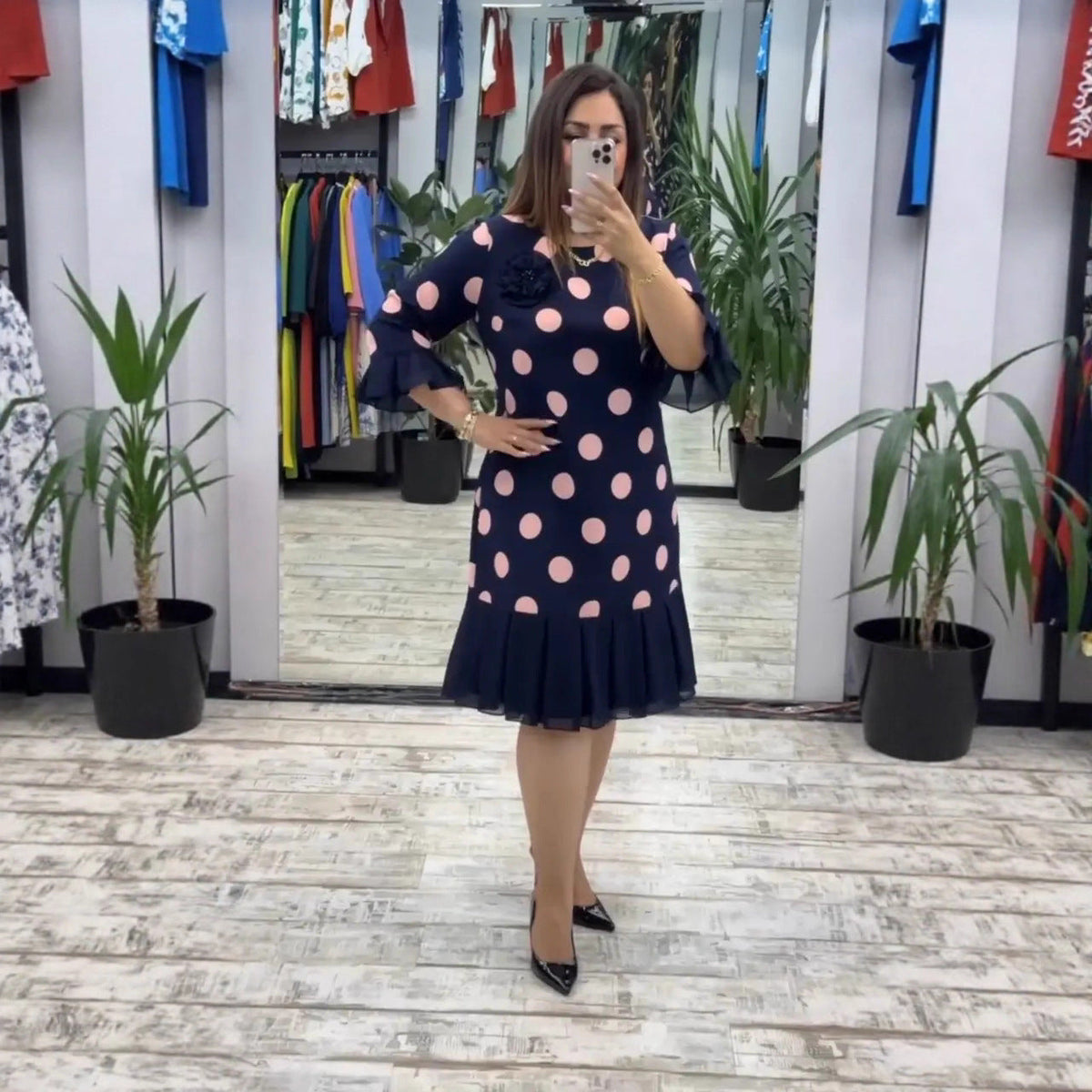 Brynlee Polka Dot Pleated Dress - Pink