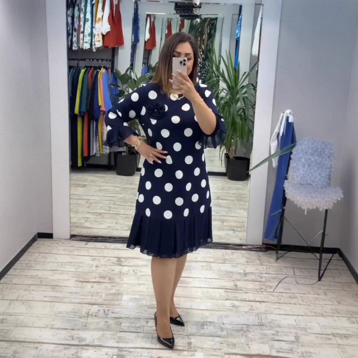 Brynlee Polka Dot Pleated Dress - White