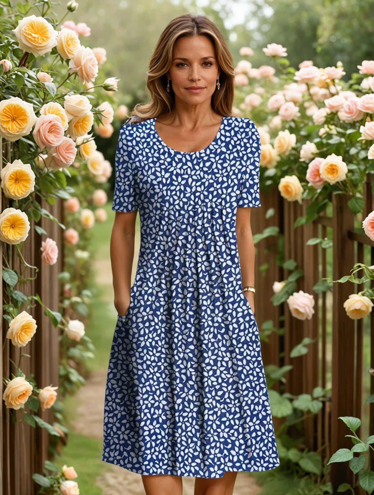 Rosalyn Tummy-Control Floral Dress - Navy