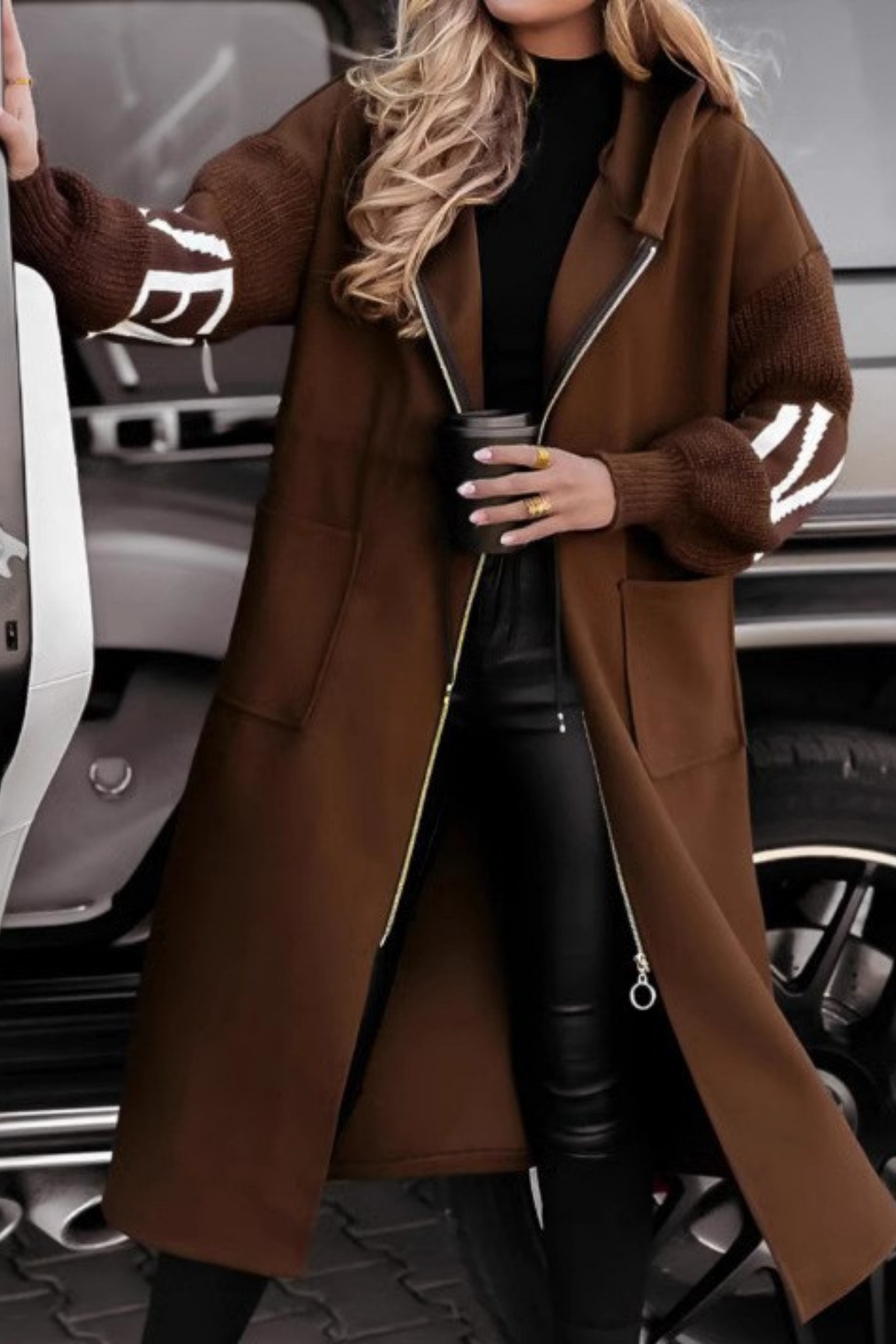 Penelope Hooded Coat with Knit Sleeves