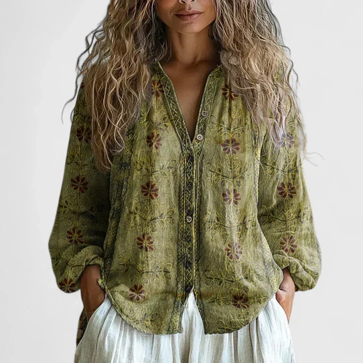 Marisela Retro Print Blouse - Green
