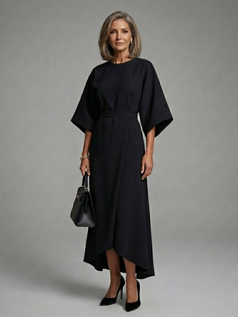 Giselle | Belted Cape-Sleeve Midi Dress