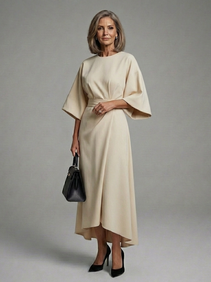 Giselle | Belted Cape-Sleeve Midi Dress