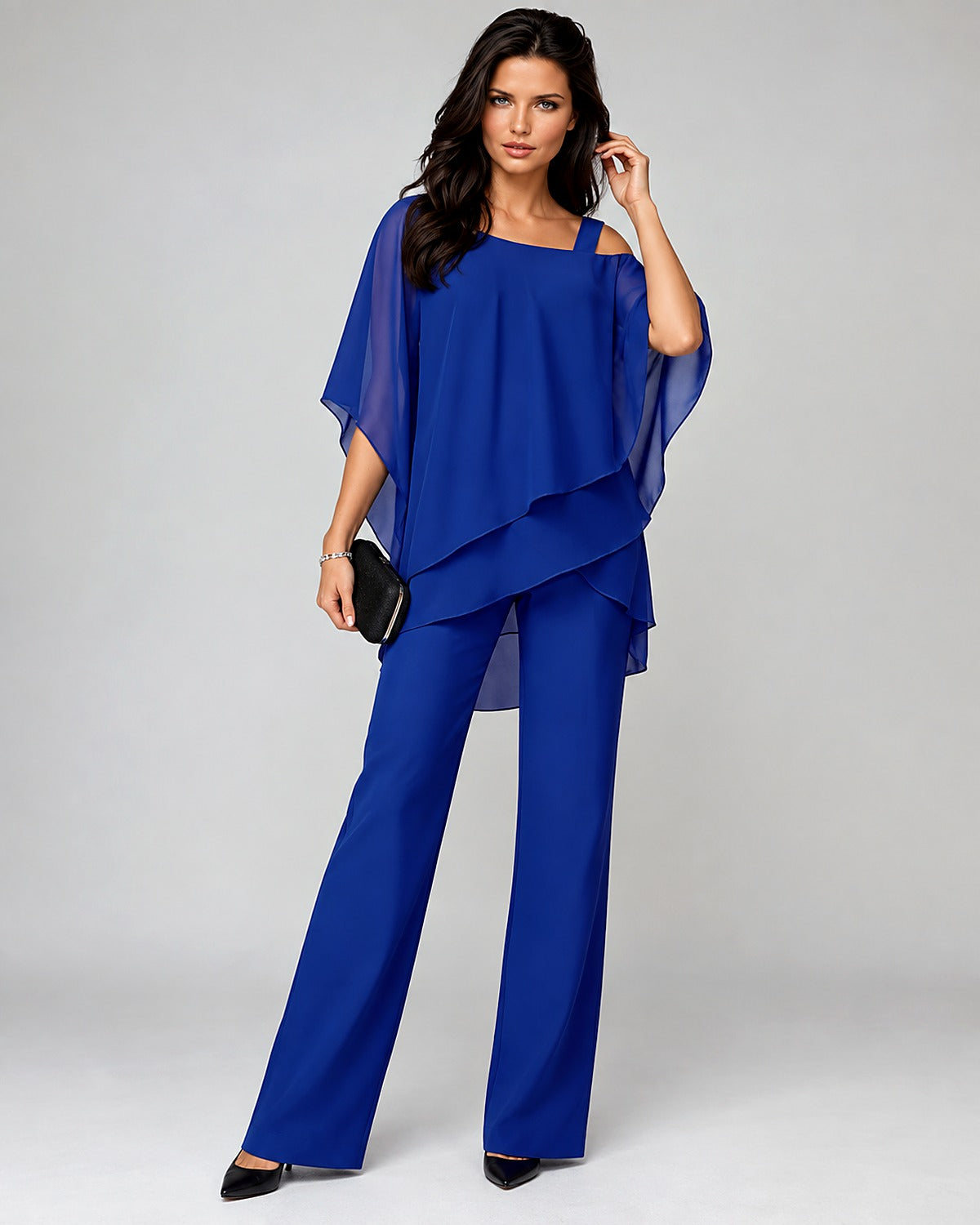 Cecily layered chiffon two-piece set in royal blue