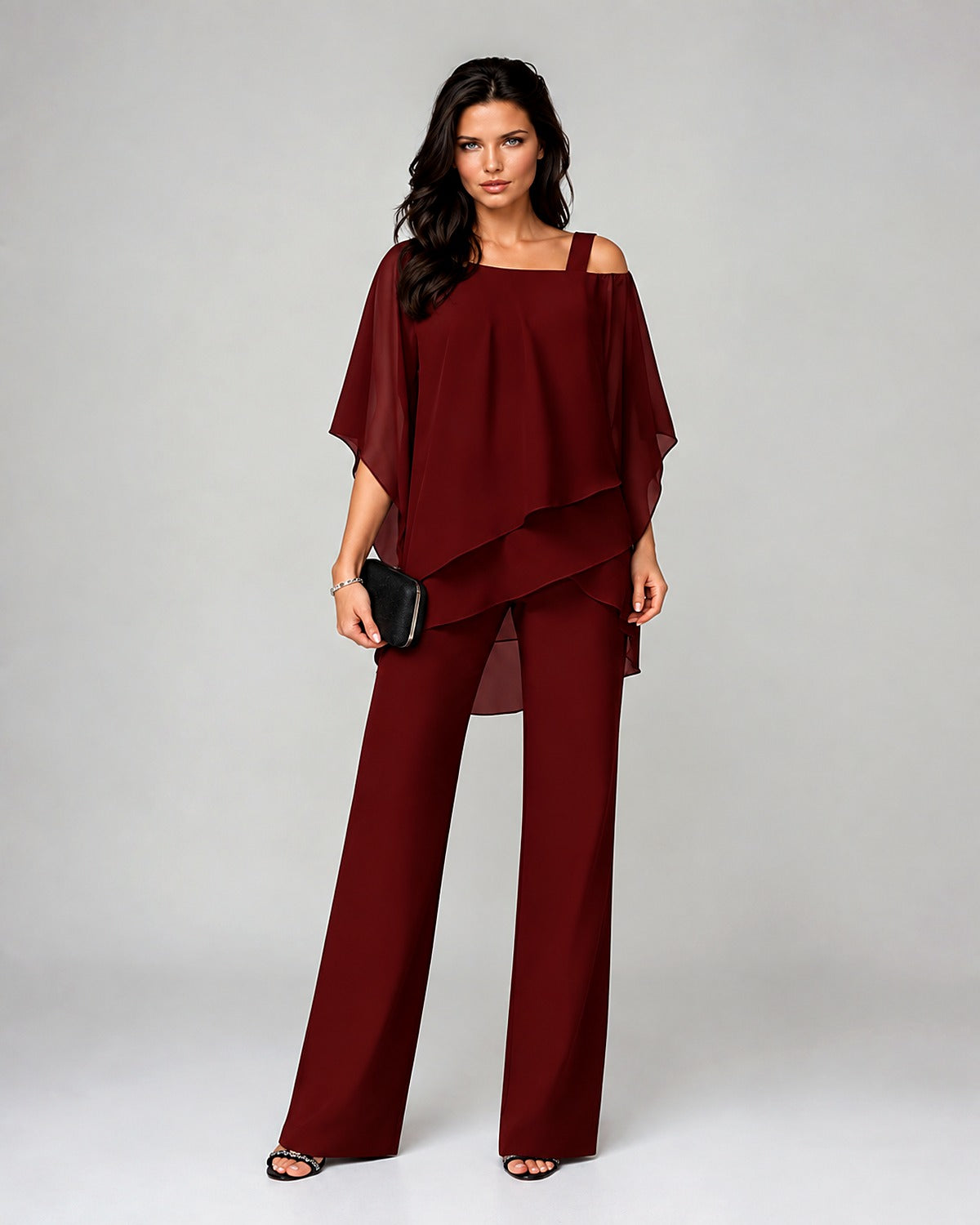 Cecily layered chiffon two-piece set in burgundy