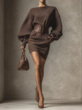 Cléa belted knit mini dress in chocolate brown, full length