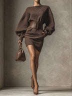 Cléa belted knit mini dress in chocolate brown, full length