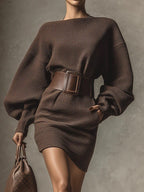 Cléa belted knit mini dress in chocolate brown, waist and belt detail
