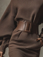 Cléa belted knit mini dress in chocolate brown, sleeve and skirt detail