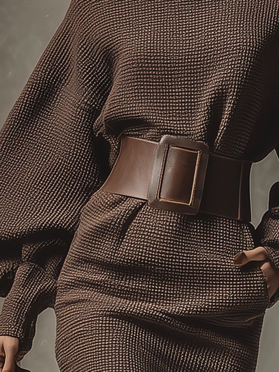 Cléa belted knit mini dress in chocolate brown, sleeve and skirt detail