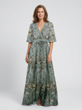 Theodora Embroidered V-Neck Maxi Dress - Green