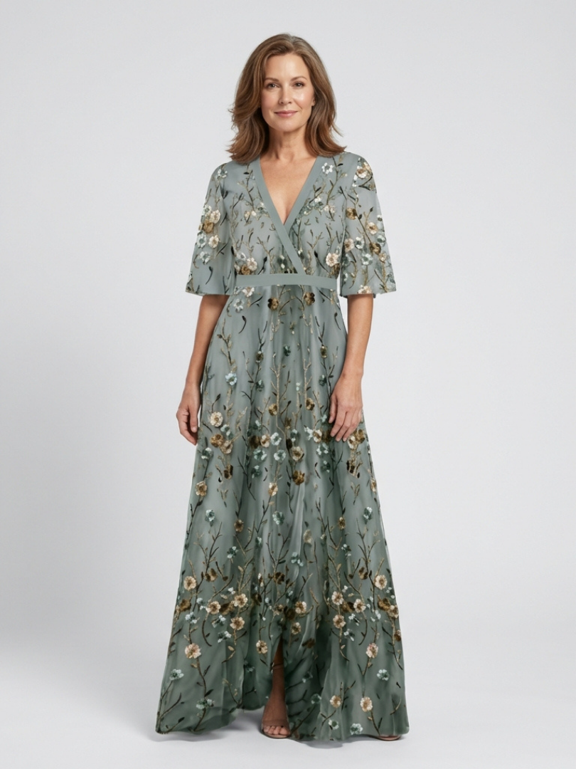 Theodora Embroidered V-Neck Maxi Dress - Green