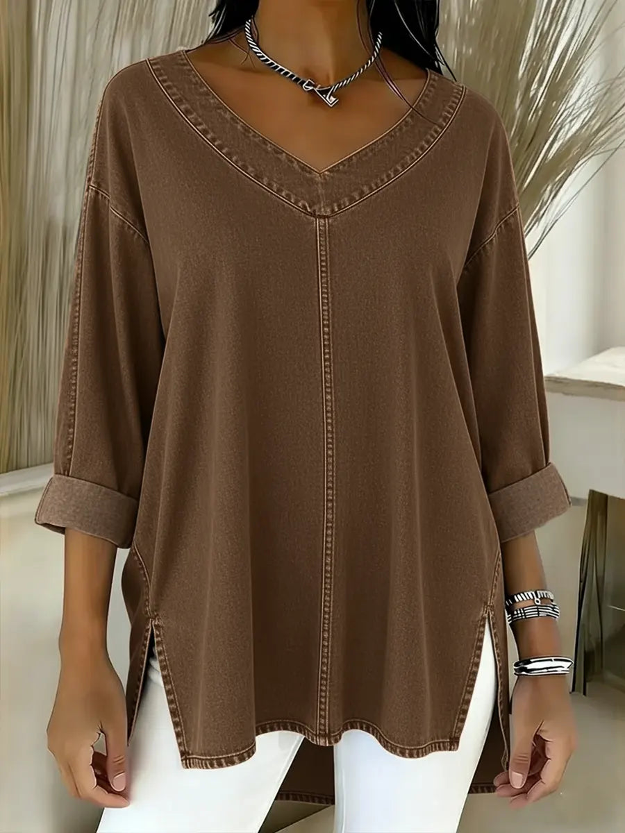 Saoirse Relaxed V-Neck Top - Brown