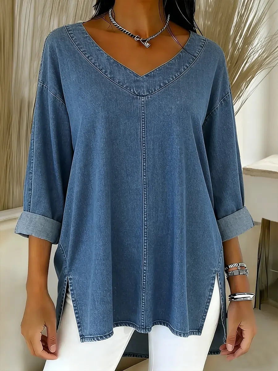 Saoirse Relaxed V-Neck Top - Blue