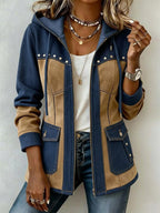 Josephine | Navy & Camel Patchwork Hooded Jacket