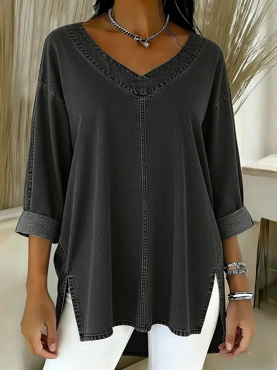 Saoirse Relaxed V-Neck Top - Black