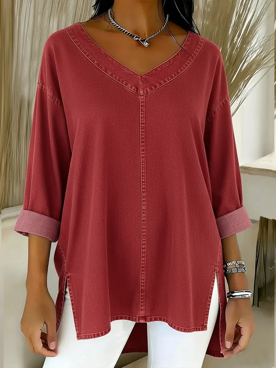 Saoirse Relaxed V-Neck Top - Red