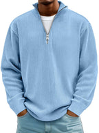Premium half-zip ribbed pullover in blue, front view