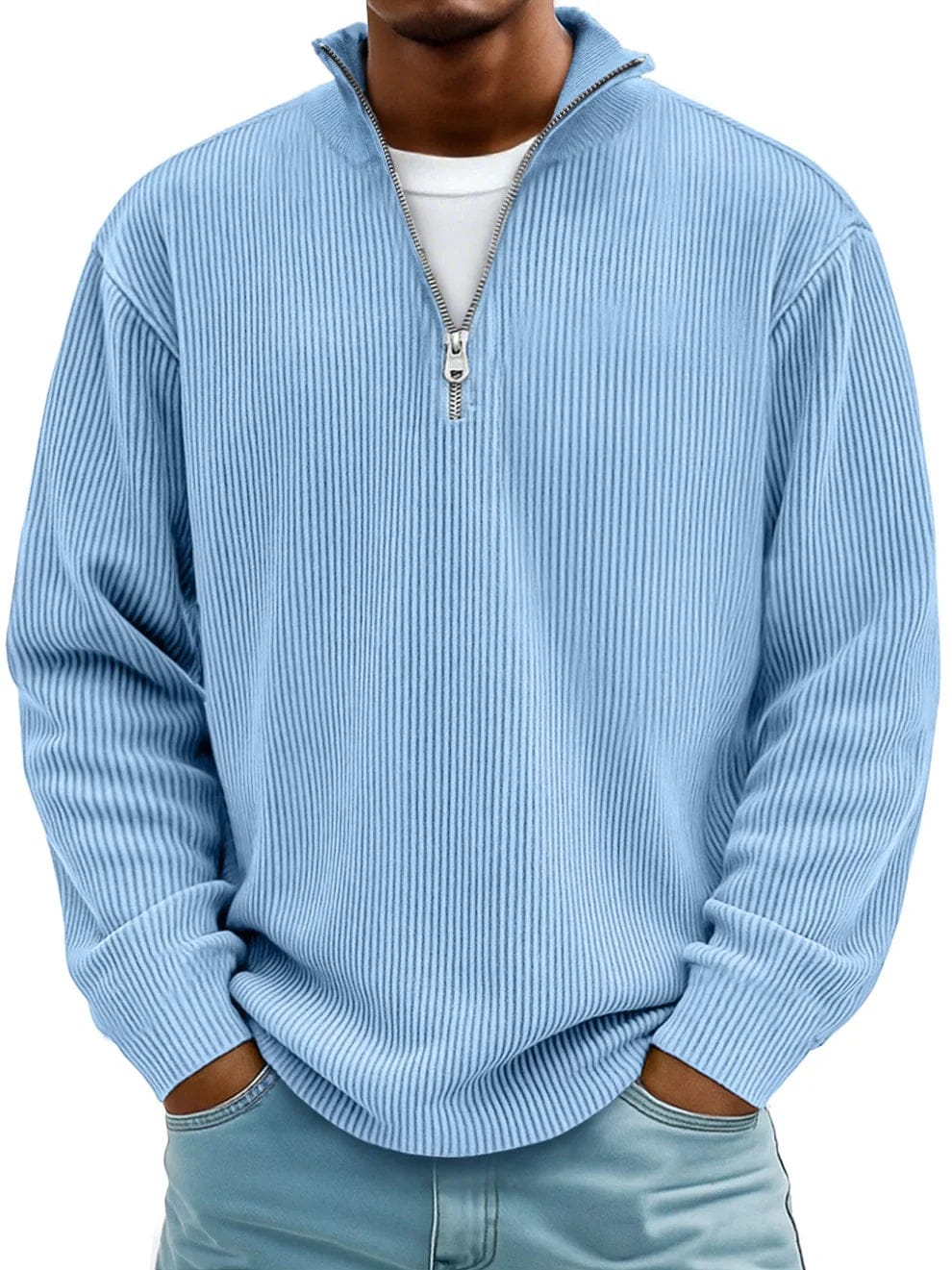 Premium half-zip ribbed pullover in blue, front view