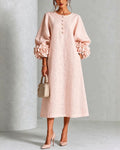 Rosemary rosette-cuff midi dress in blush pink, front view
