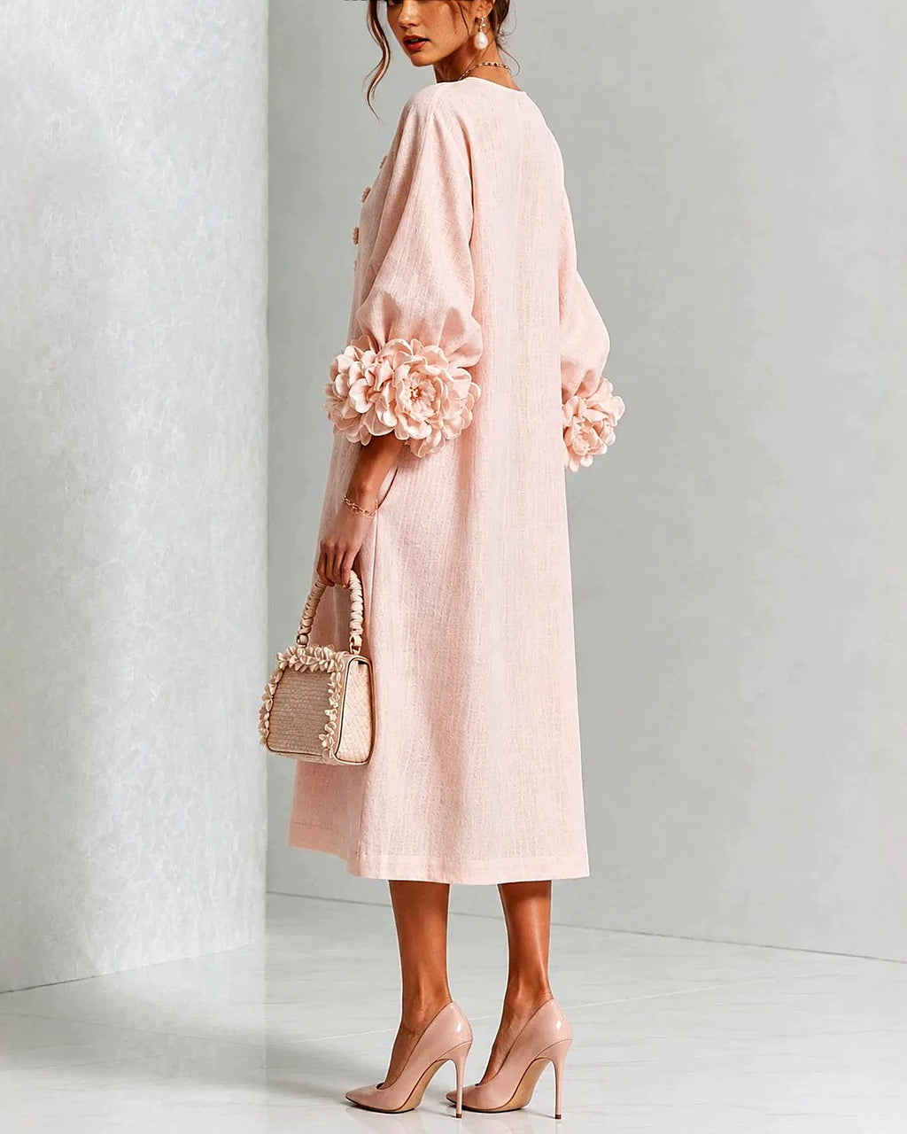Rosemary rosette-cuff midi dress in blush pink, sleeve detail