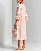 Rosemary rosette-cuff midi dress in blush pink, sleeve detail