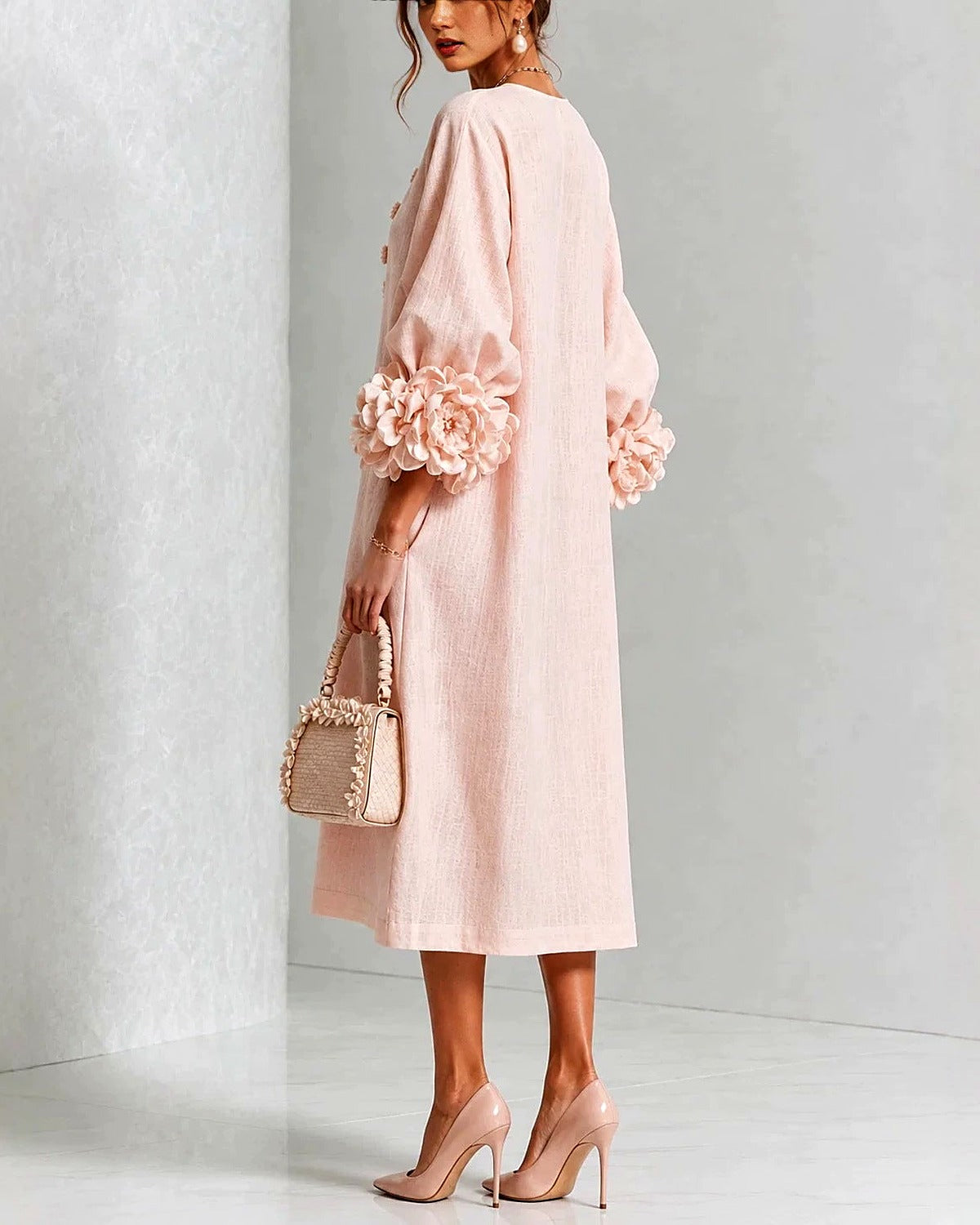 Rosemary rosette-cuff midi dress in blush pink, sleeve detail