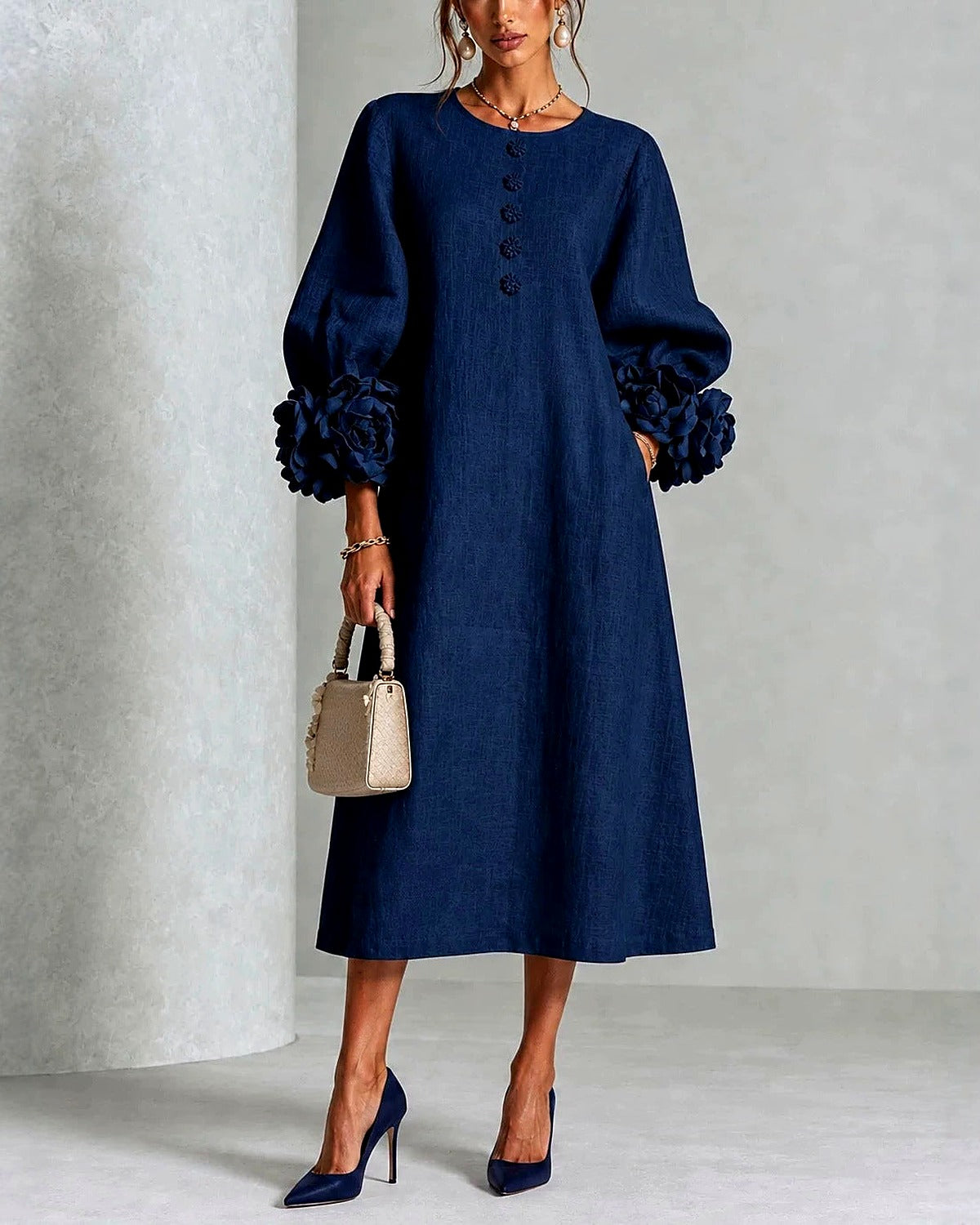Rosemary rosette-cuff midi dress in navy, front view