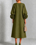 Rosemary rosette-cuff midi dress in olive, side view