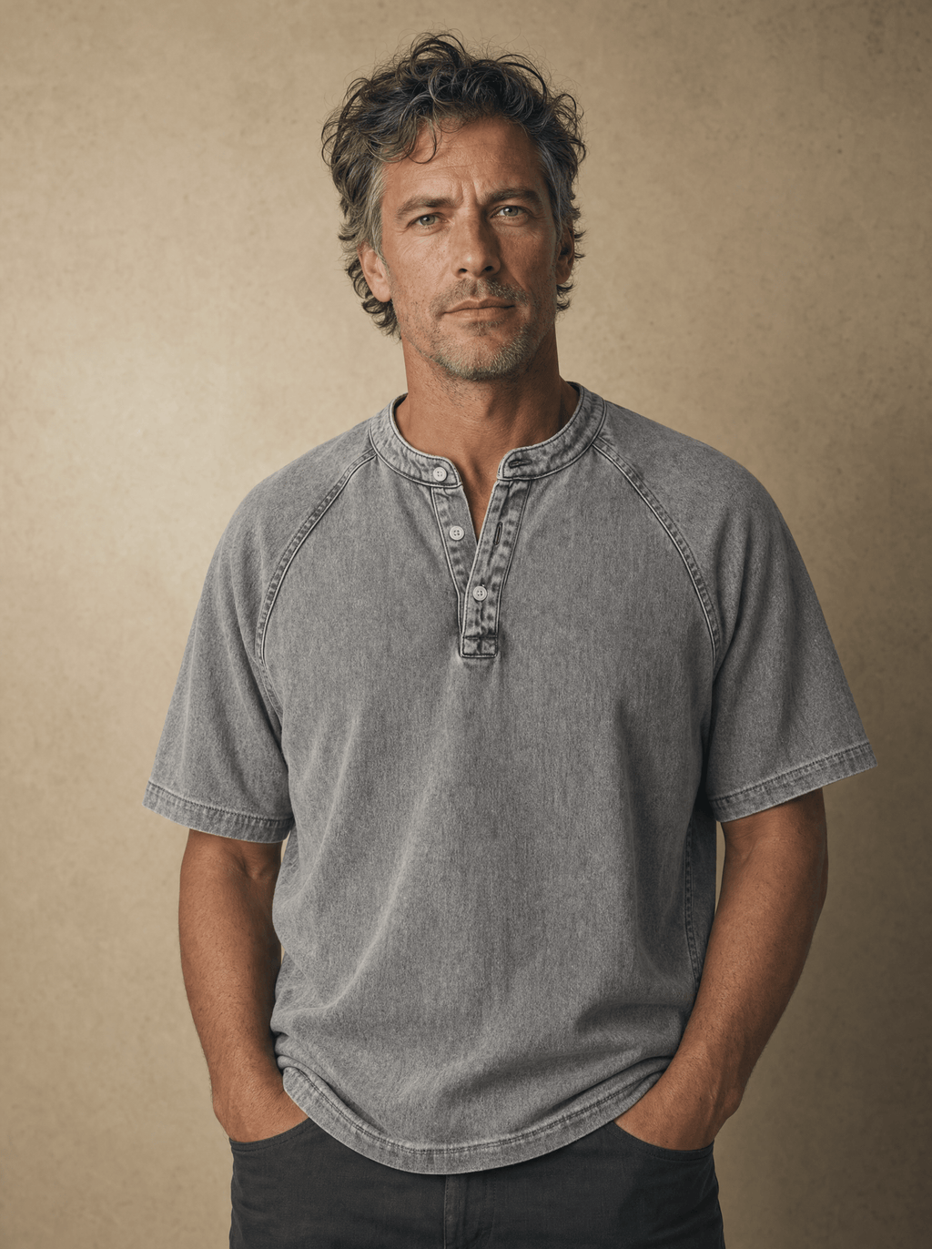 Saltwater henley in light gray, worn with jeans