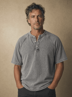 Saltwater henley in light gray, worn with jeans