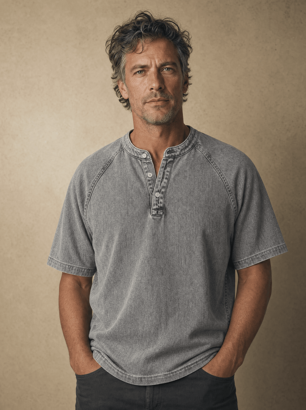 Saltwater henley in light gray, worn with jeans