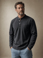 Saltwater long sleeve henley in black, worn with jeans