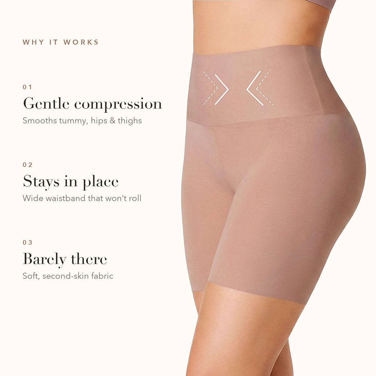 Sloane shaper shorts in nude, wide anti-roll waistband