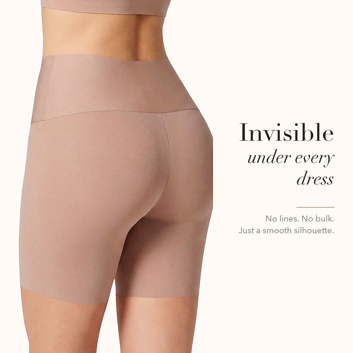 Sloane shaper shorts in nude, back view under a dress